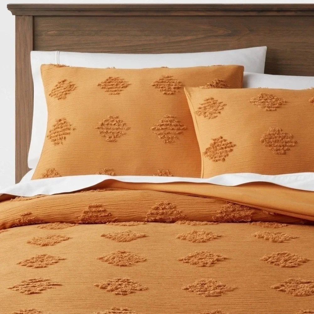 Tufted Diamond Crinkle Duvet Cover and Sham Set KING Dark Gold Threshold NEW